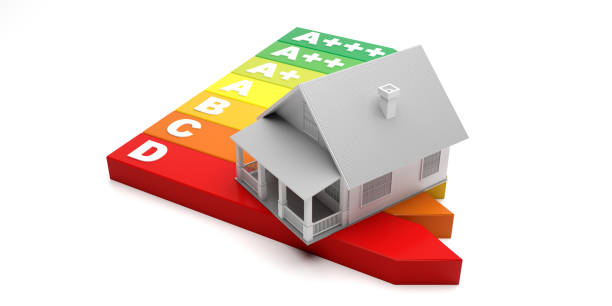 istock Family house model and energy classification chart isolated against white background. 3d illustration 1195257267