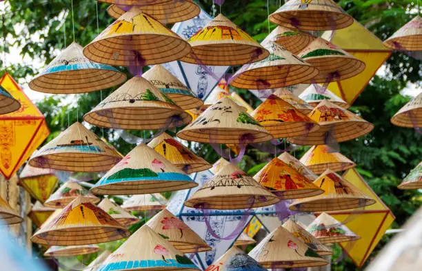 traditional vietnamese hats  hanging from trees at Hue, Vietnam