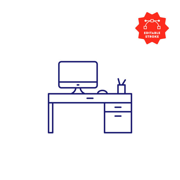 ikona linii biurka komputera z edytowalnym obrysem i pixelem perfect. - outline desk computer office stock illustrations