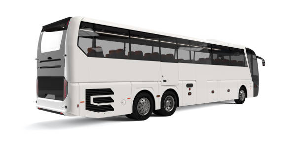 istock White big tour bus back right angle view isolated on white background. 3D Rendering, Illustration. 1195259370