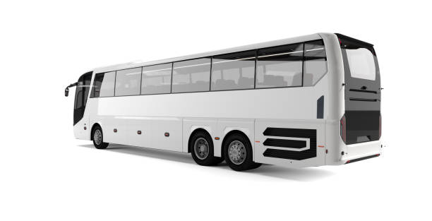 istock White big tour bus back left angle view isolated on white background. 3D Rendering, Illustration. 1195259373