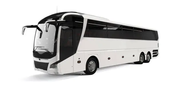 Photo of White big tour bus front left angle view isolated on white background. 3D Rendering, Illustration.