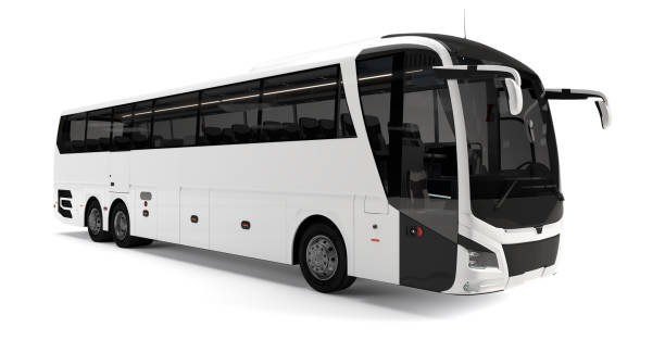 istock White big tour bus front right angle view isolated on white background. 3D Rendering, Illustration. 1195259395