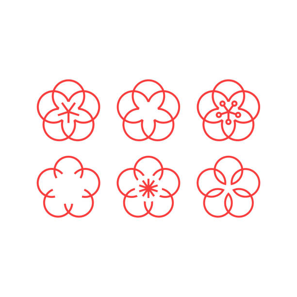 kirschenblüte. icon-set. linearer stil - japanische blütenkirsche stock-grafiken, -clipart, -cartoons und -symbole