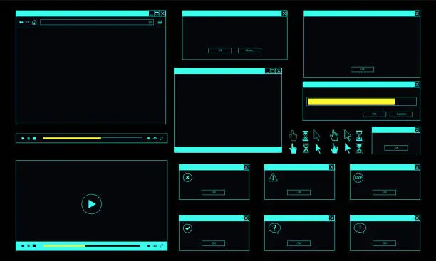 Vector illustration of Neon theme of desktop user interface. Web browser window, online video player, error message and computer cursor