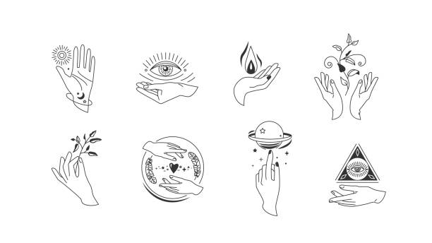 Hands set in simple flat esoteric boho style. Feminine hand logo collection with different symbol like space star planet, floral herb, moon and sun, heart love, eye, fire, drop Hands set in simple flat esoteric boho style. Feminine hand logo collection with different symbol like space star planet, floral herb, moon and sun, heart love, eye, fire, drop. flaming heart tattoo designs stock illustrations