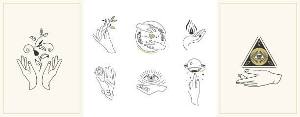 Hands set in simple flat esoteric boho style. Feminine hand logo collection with different symbol like space star planet, floral herb, moon and sun, heart love, eye, fire, drop Hands set in simple flat esoteric boho style. Feminine hand logo collection with different symbol like space star planet, floral herb, moon and sun, heart love, eye, fire, drop. Vector illustration. tarot cards illustrations stock illustrations