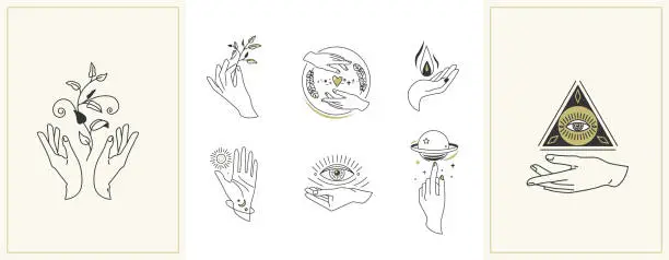 Vector illustration of Hands set in simple flat esoteric boho style. Feminine hand logo collection with different symbol like space star planet, floral herb, moon and sun, heart love, eye, fire, drop