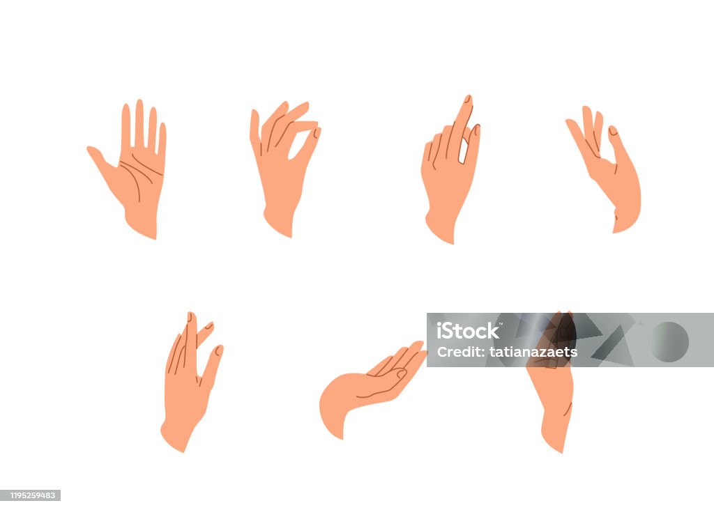 Mani vettoriale impostato in semplice stile di tendenza piatto isolato su uno sfondo bianco. Vari gesti, pose di mano umana in situazioni diverse. Illustrazione vettoriale - arte vettoriale royalty-free di Pizzicare