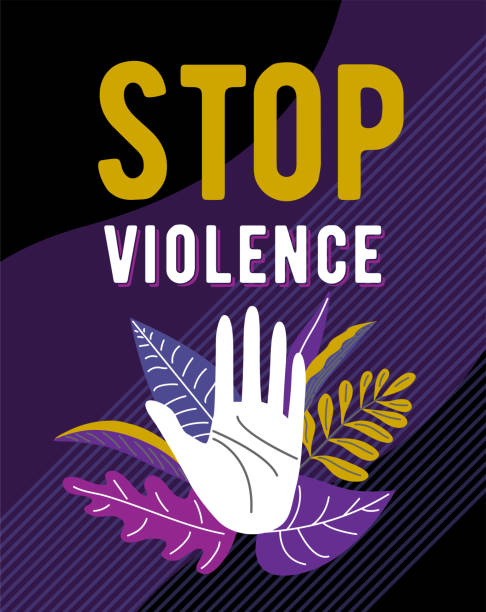 Stop violence against women poster design. Female hand open in stop gesture surrounded by leaves, plants on dark background. Vector illustration Stop violence against women poster design. Female hand open in stop gesture surrounded by leaves, plants on dark background. Vector illustration. stop single word stock illustrations