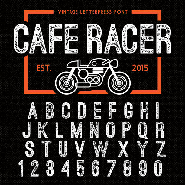 Hand Made Letterpressed Font in retro style. Vintage textured grunge alphabet with scratches Hand Made Letterpressed Font in retro style. Vintage textured grunge alphabet with scratches. Vector illustration with cafe racer bike letterpress stock illustrations