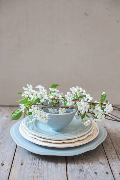 istock Branches of white cherry blossoms on a stack of blue plates 1195262597