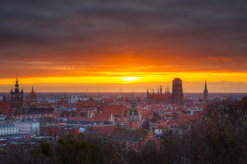 Gdansk, Poland - December 15, 2019: Cityscape of Gdansk city with amazing architecture at sunrise , Poland. Gdansk is the historical capital of Polish Pomerania with gothic architecture.