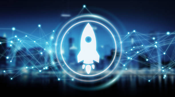 Startup rocket digital interface isolated on blue background 3D rendering stock photo