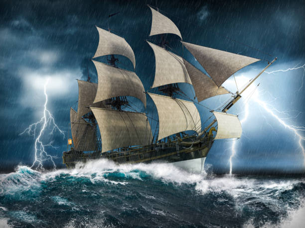 Sailing ship struggling in a heavy storm with lightning Ocean sailing ship in distress, struggling to stay afloat, in a heavy storm with big waves and lightning, 3d render painting sailing ship stock pictures, royalty-free photos & images