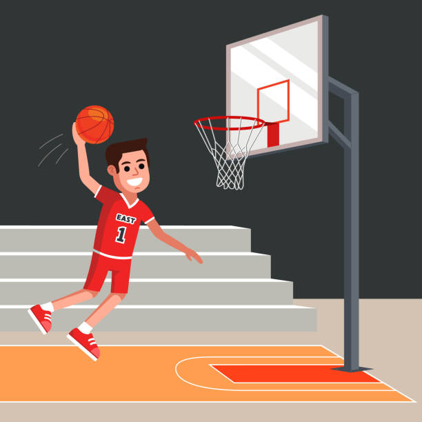 illustrazioni stock, clip art, cartoni animati e icone di tendenza di giocatore di basket getta una palla arancione nel cestino - hanging basket