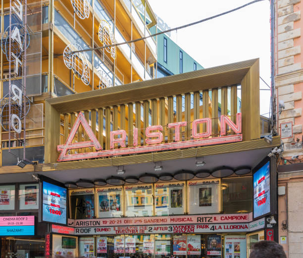 Facade of the cinema Ariston Sanremo, Italy - Apr 18, 2019: Facade of the cinema Ariston place of annual festival of music san remo italy photos stock pictures, royalty-free photos & images