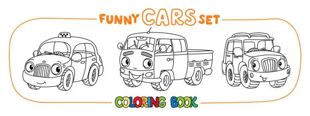 Vector illustration of Funny small city cars with eyes. Coloring book set