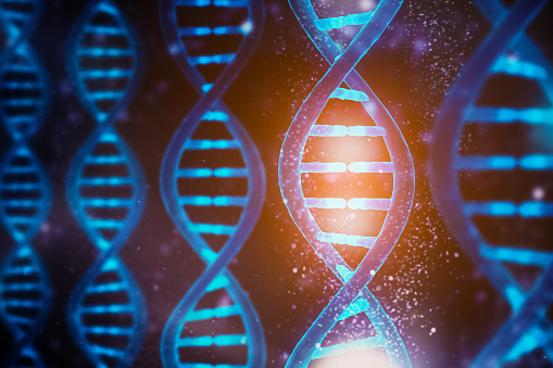 Las hebras de ADN brillantes y brillantes son de doble hélice de cerca. Concepto de ilustración de representación 3D médica, biología, microbiología. Visión artística. photo
