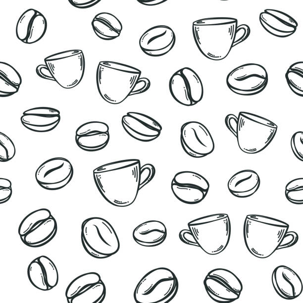 ilustraciones, imágenes clip art, dibujos animados e iconos de stock de fondo sin costuras blanco vector (patrón) con granos de café y tazas - coffee cup coffee coffee crop coffee bean