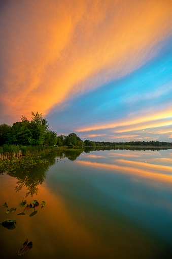 Sunset and Cloud front on Calm Lake