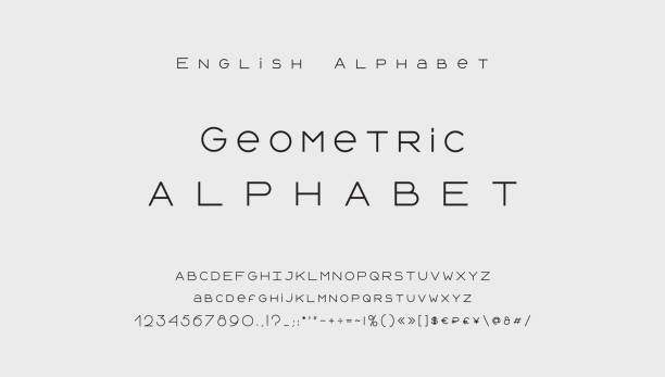 最小スタイルのアルファベット。現代の抽象ベクトルタイプフェイス、大文字と小文字、数字、記号とマーク。黒い細い線のフォントタイポグラフィ - lowercase letter点のイラスト素材／クリップアート素材／マンガ素材／アイコン素材