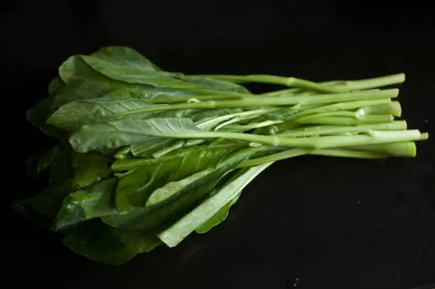 Photo of One bunch of green leafy chinese kale on a dark grey garnite counter top.