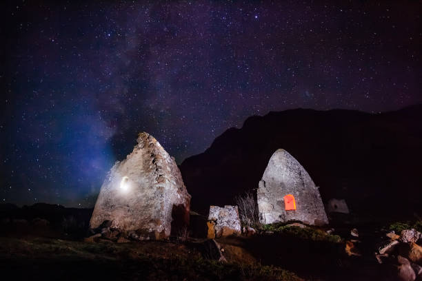 istock Night necropolis in Eltubu, Chegem Valley, Caucasus against starry sky 1195301514
