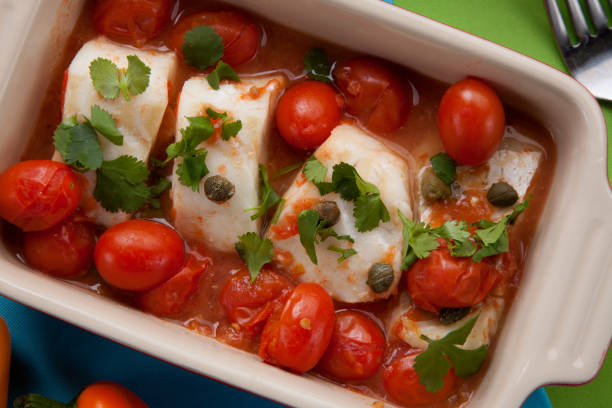 Baked Cod With Tomatoes stock photo