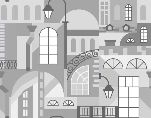 Vector illustration of Europe old town. Geometric art mosaic with buildings elements. Seamless pattern.