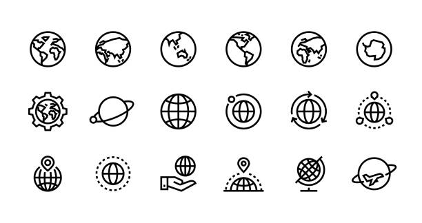 1907.m30.i020.n026.S.c12.1340597339 Globe line icons. World sphere with longitude and latitude, travel and destination concept. Vector web interface outline symbols Globe line icons. World sphere with longitude and latitude, travel and destination concept. Vector web interface outline symbols set for business concept flights with outlines continents on globe australasia stock illustrations