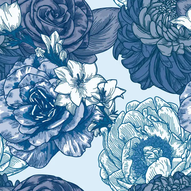 Vector illustration of Big Bloom Vintage Line Art Seamless Floral Pattern