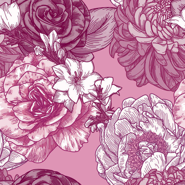 ilustrações de stock, clip art, desenhos animados e ícones de big bloom vintage line art seamless floral pattern - stamen