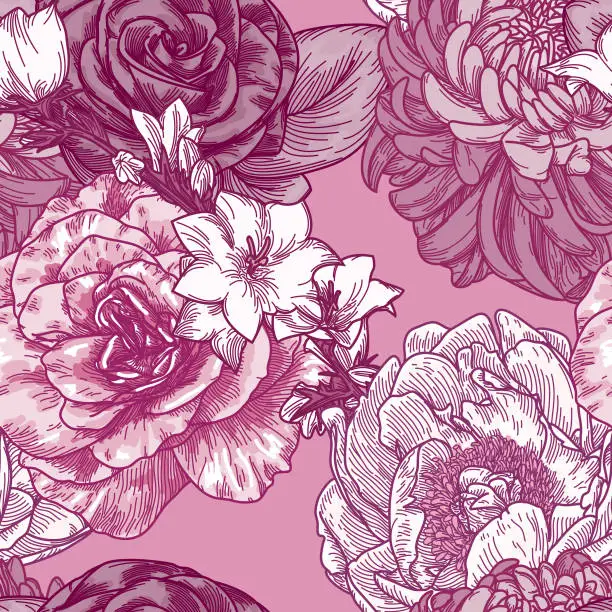 Vector illustration of Big Bloom Vintage Line Art Seamless Floral Pattern