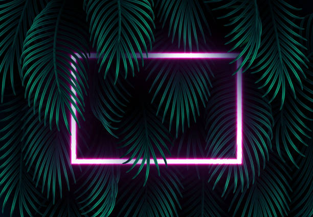 istock Branch palm realistic. Leaves and branches of palm trees. Tropical leaf background. Green foliage, tropic leaves pattern. light neon frame, border for text. Vector Banner, poster, website header 1195332768