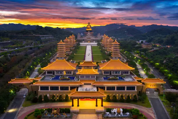 Photo of Sunset at Fo Guang Shan Buddha Temple in Kaohsiung, Taiwan.