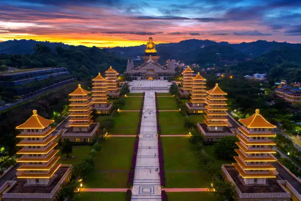 Photo of Sunset at Fo Guang Shan Buddha Temple in Kaohsiung, Taiwan.