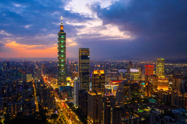 istock Taiwan skyline, Beautiful cityscape at sunset. 1195336880
