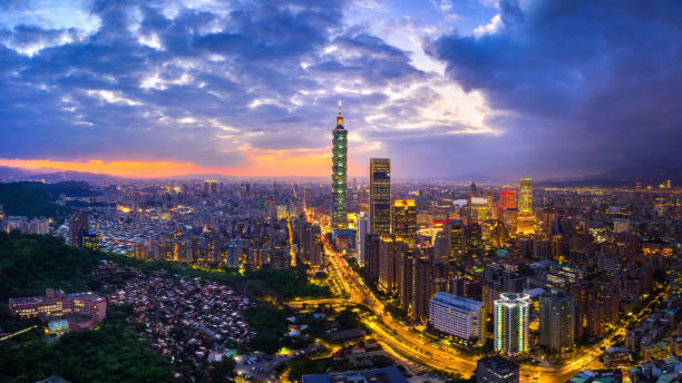 istock Taiwan skyline, Beautiful cityscape at sunset. 1195336885