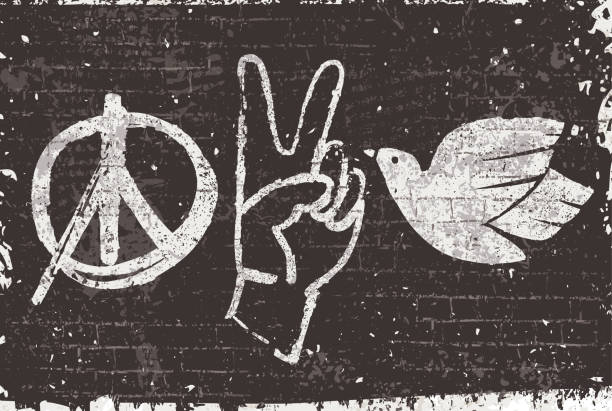 illustrazioni stock, clip art, cartoni animati e icone di tendenza di simboli di pace graffiti su un muro nero - segno di pace