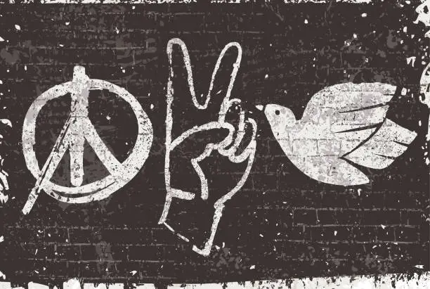 Vector illustration of Peace symbols graffiti on a black wall