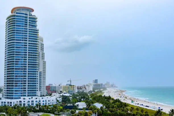 Aerial/Drone view of the famous Miami Beach and Miami Florida skyscrapers/skyline. Idyllic summer vacation spot/ location.