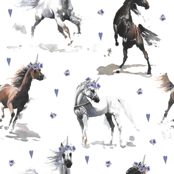Watercolor illustration seamless pattern horses and anemone wreath Hand drawn watercolor cute cartoon  seamless pattern illustration white and dark brown wild unicorn, wreath of anemone and heart on the white background for cloth, linen, wallpaper or other texture. charismatic racehorse stock illustrations