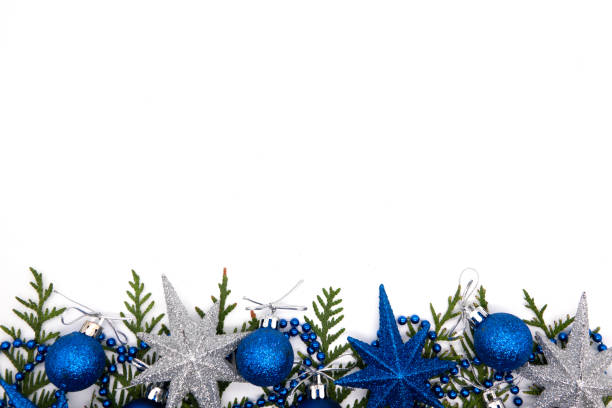 istock Christmas composition on a blue sheet with a Christmas balls and star 1195355156