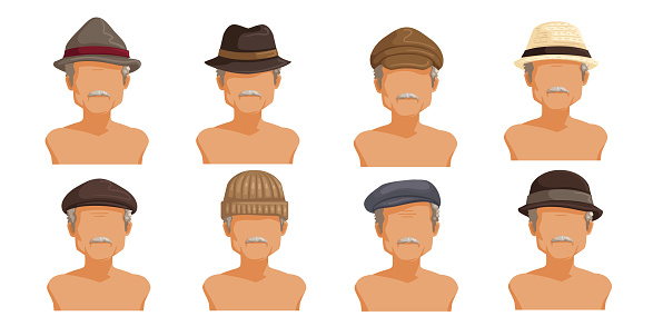 Elderly man hat set. Collection of men's head.  Userpics of hair style different male. Variety and different types of fashion. Vector illustration.