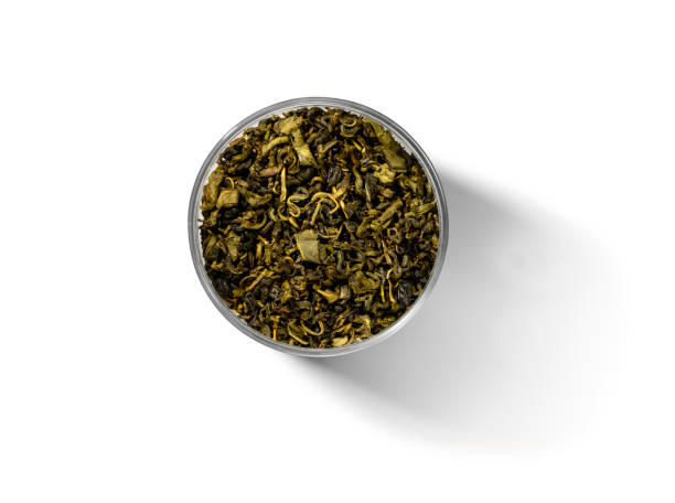 istock Green tea top view on white background 1195363744
