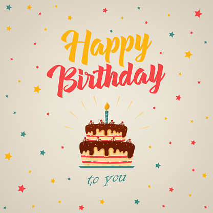 Birthday card with cake and colorful stars in flat design vector eps 10