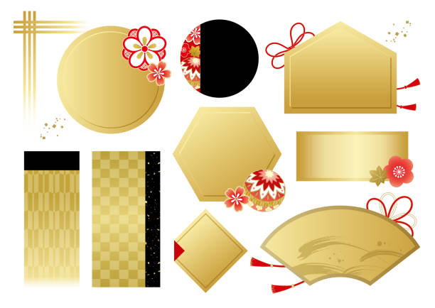 Golden color Japanese frame Golden color Japanese frame folding fan stock illustrations