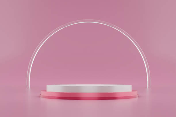 Pink pedestal or podium display with glass ring platform on valentines concept background. Blank cosmetic shelf stand for showing product. 3D rendering.