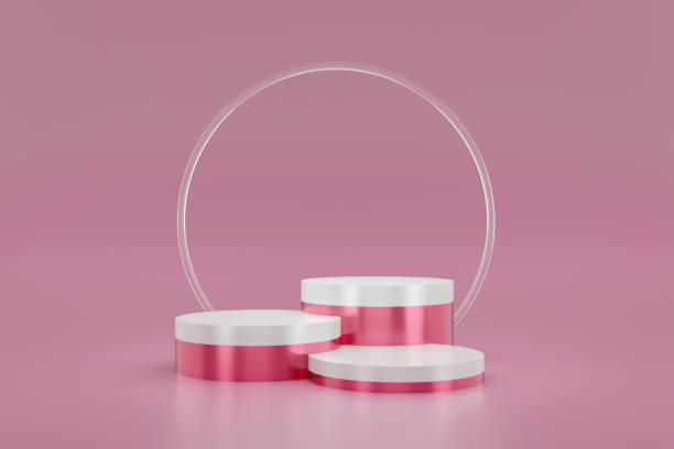 istock Pink pedestal or podium display with glass ring platform on valentines concept background. Blank cosmetic shelf stand for showing product. 3D rendering. 1195370055